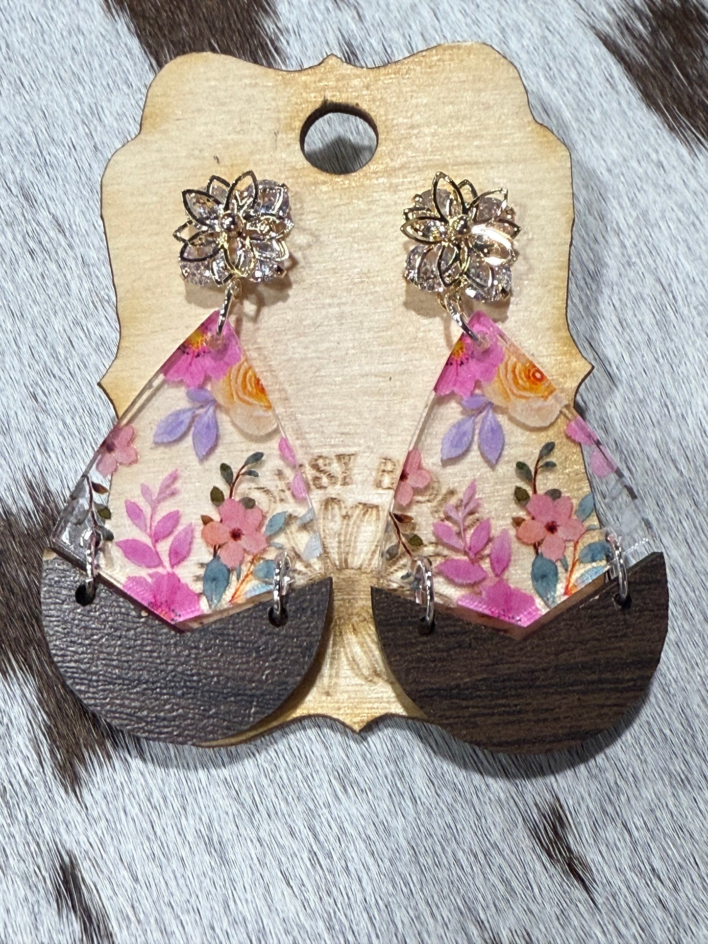 Pink Floral with Crystal stud Earring Dangle