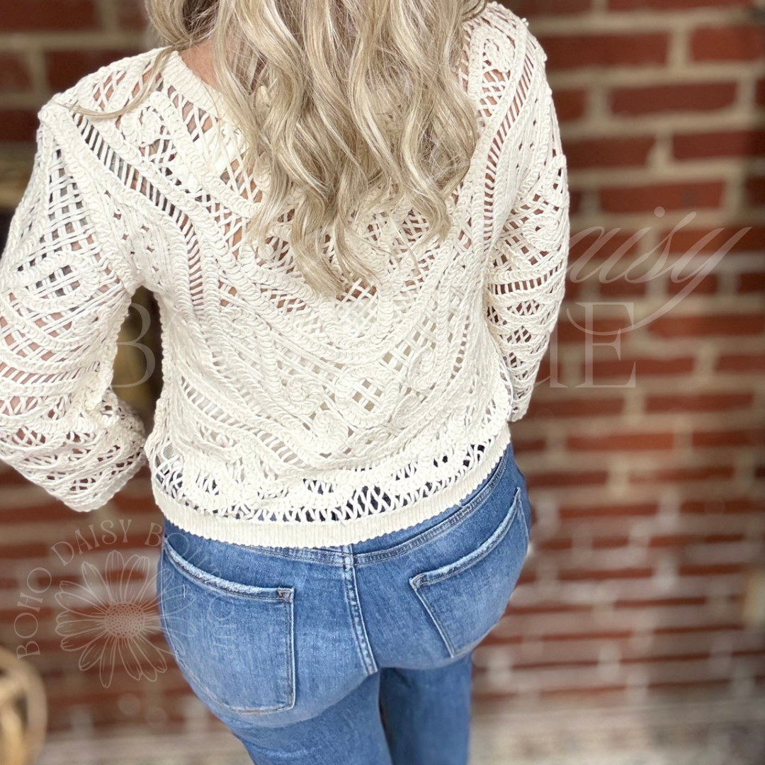 Cream Boho Knit 3/4 Sleeve Sweater