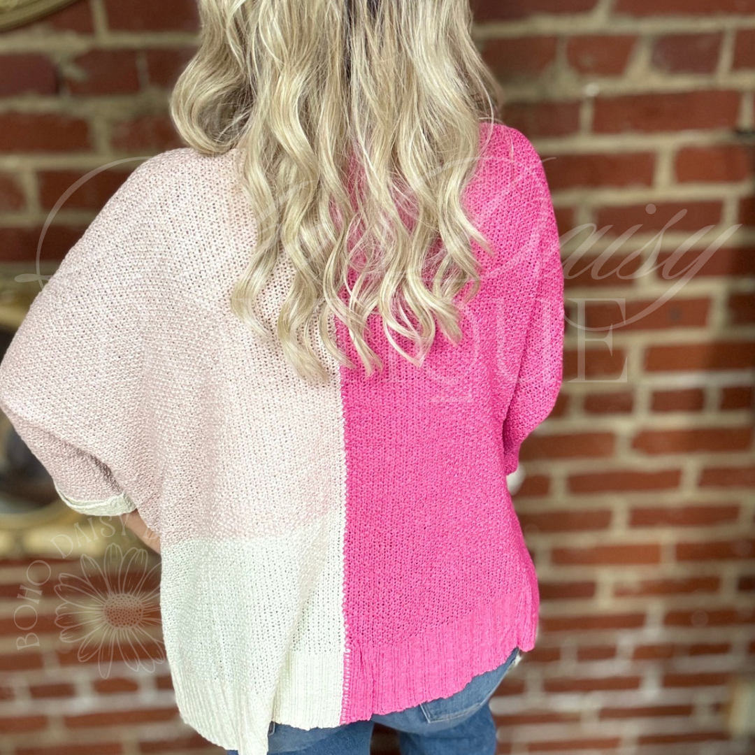 Pink Colorblock Knot Sweater