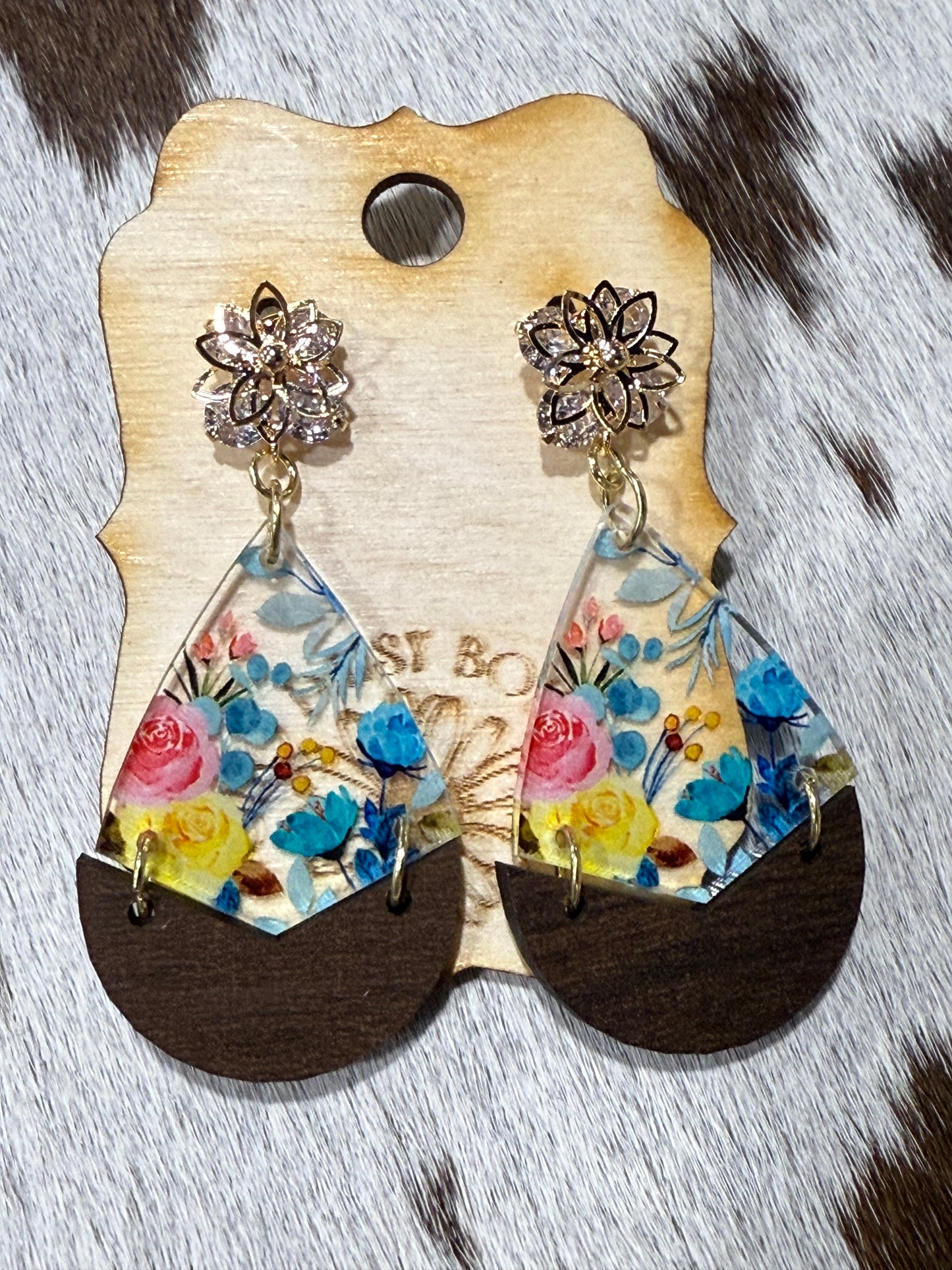 Blue floral with Crystal stud Earring Dangle