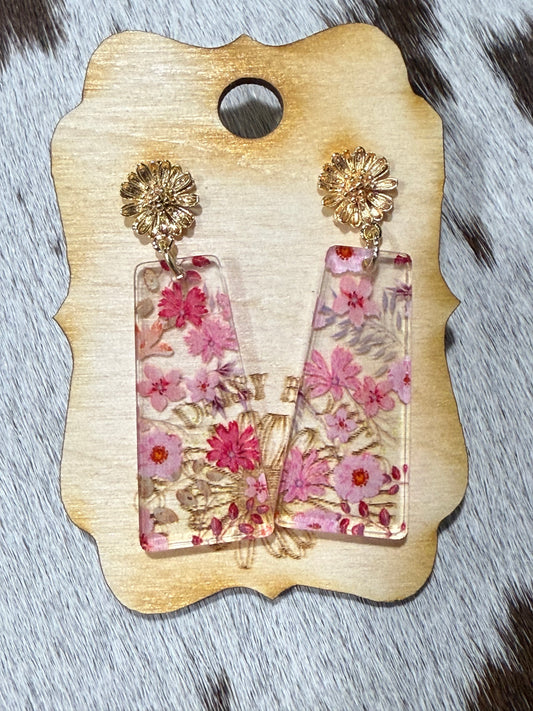 Pink Floral and Daisy Stud Earring Dangle